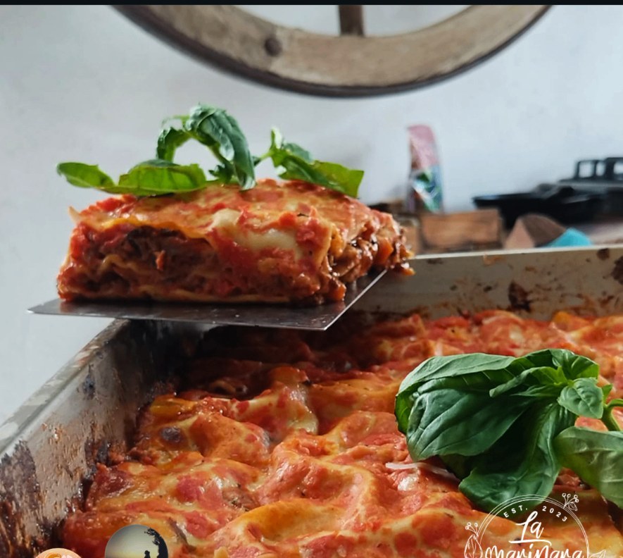 Home-style lasagne baked at La Marinara